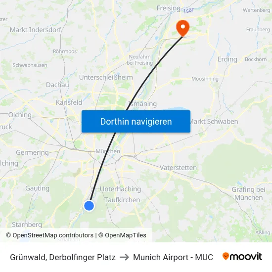 Grünwald, Derbolfinger Platz to Munich Airport - MUC map