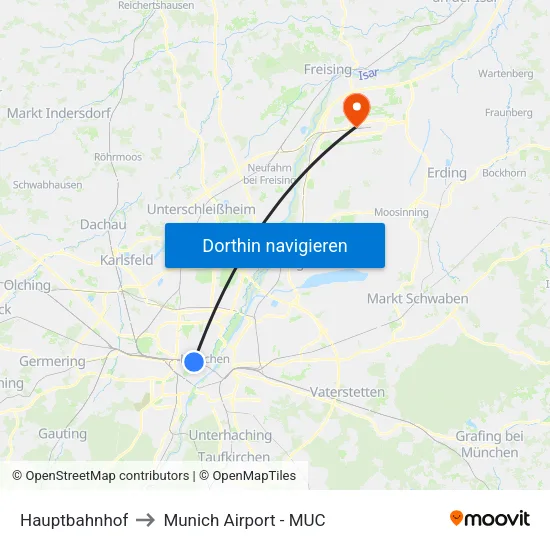 Hauptbahnhof to Munich Airport - MUC map