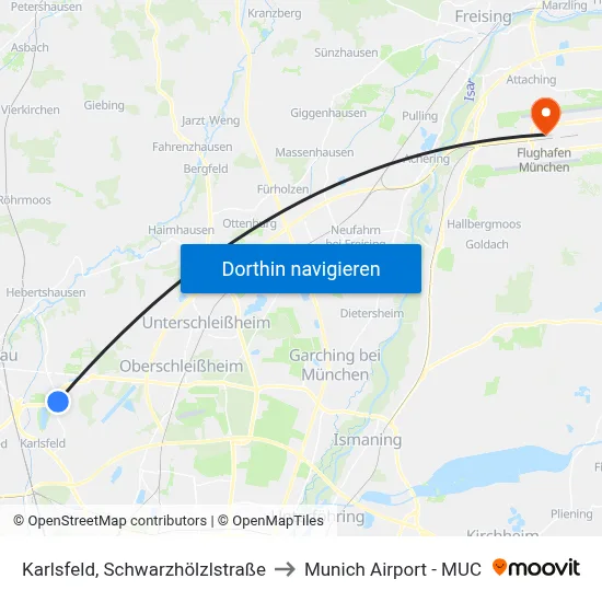 Karlsfeld, Schwarzhölzlstraße to Munich Airport - MUC map