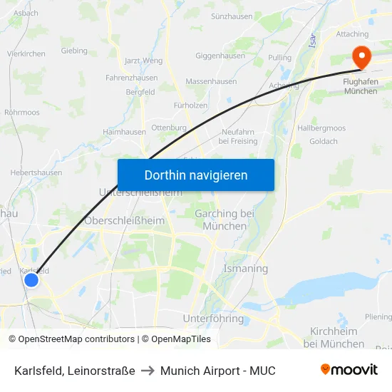 Karlsfeld, Leinorstraße to Munich Airport - MUC map