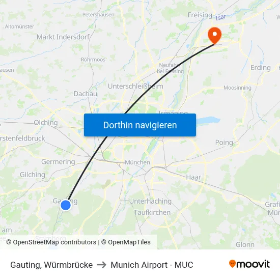 Gauting, Würmbrücke to Munich Airport - MUC map