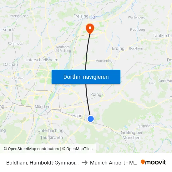 Baldham, Humboldt-Gymnasium to Munich Airport - MUC map