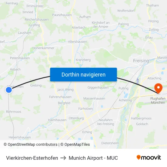 Vierkirchen-Esterhofen to Munich Airport - MUC map
