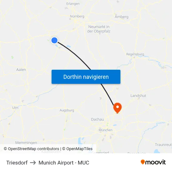 Triesdorf to Munich Airport - MUC map