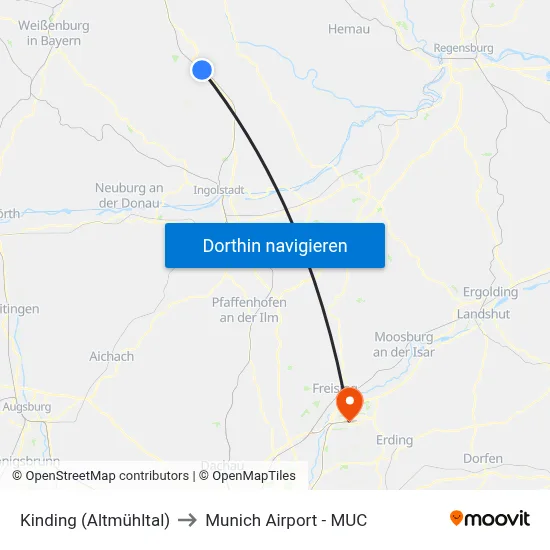 Kinding (Altmühltal) to Munich Airport - MUC map