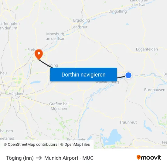 Töging (Inn) to Munich Airport - MUC map