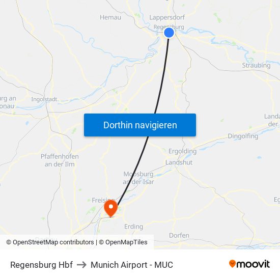 Regensburg Hbf to Munich Airport - MUC map