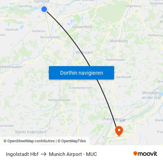 Ingolstadt Hbf to Munich Airport - MUC map