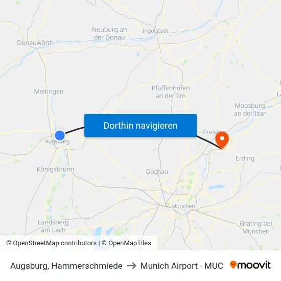 Augsburg, Hammerschmiede to Munich Airport - MUC map