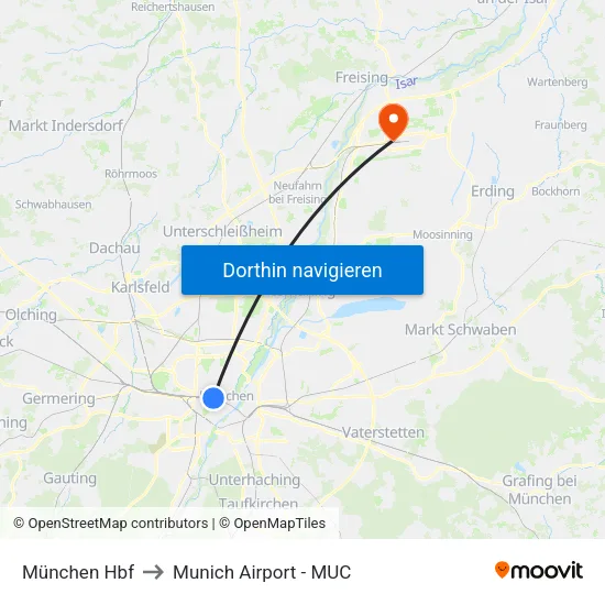 München Hbf to Munich Airport - MUC map
