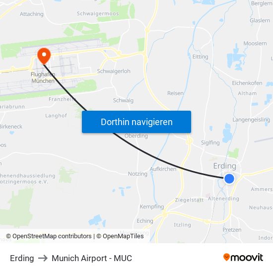 Erding to Munich Airport - MUC map