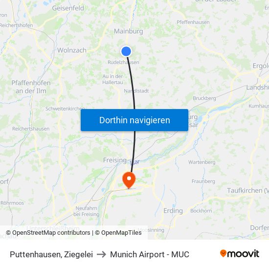 Puttenhausen, Ziegelei to Munich Airport - MUC map