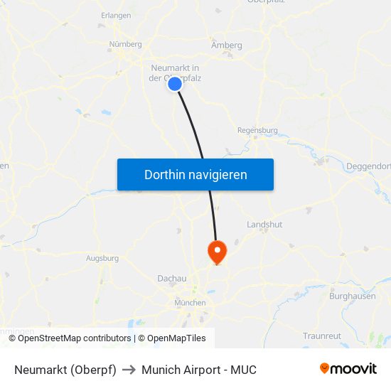 Neumarkt (Oberpf) to Munich Airport - MUC map