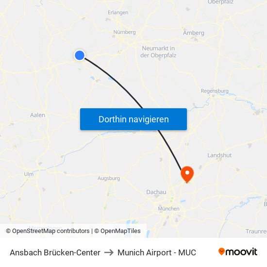 Ansbach Brücken-Center to Munich Airport - MUC map