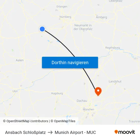 Ansbach Schloßplatz to Munich Airport - MUC map