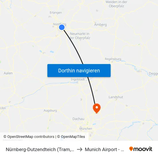 Nürnberg-Dutzendteich (Tram, Bus) to Munich Airport - MUC map