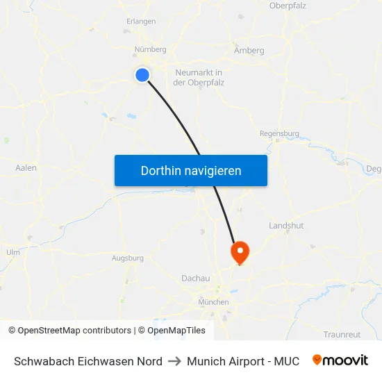 Schwabach Eichwasen Nord to Munich Airport - MUC map