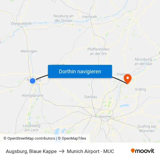 Augsburg, Blaue Kappe to Munich Airport - MUC map