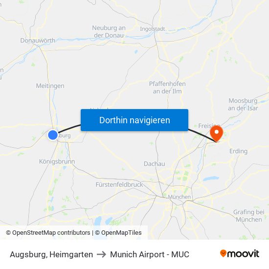 Augsburg, Heimgarten to Munich Airport - MUC map