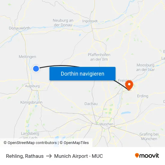 Rehling, Rathaus to Munich Airport - MUC map