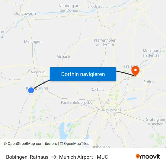 Bobingen, Rathaus to Munich Airport - MUC map