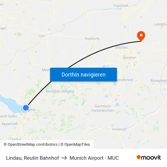 Lindau, Reutin Bahnhof to Munich Airport - MUC map