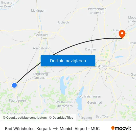 Bad Wörishofen, Kurpark to Munich Airport - MUC map