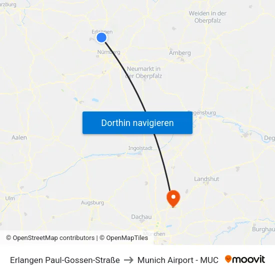 Erlangen Paul-Gossen-Straße to Munich Airport - MUC map