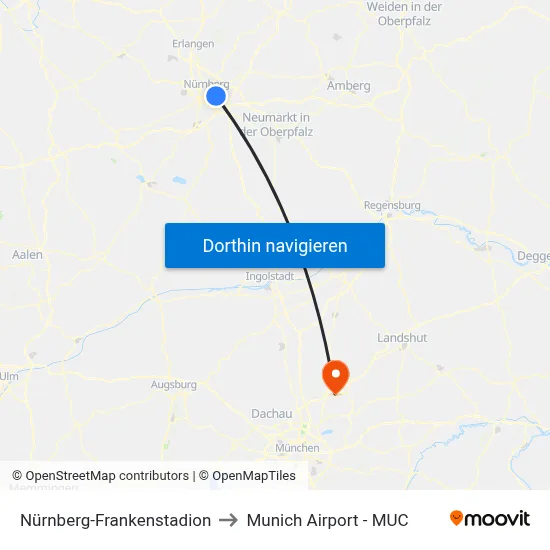 Nürnberg-Frankenstadion to Munich Airport - MUC map