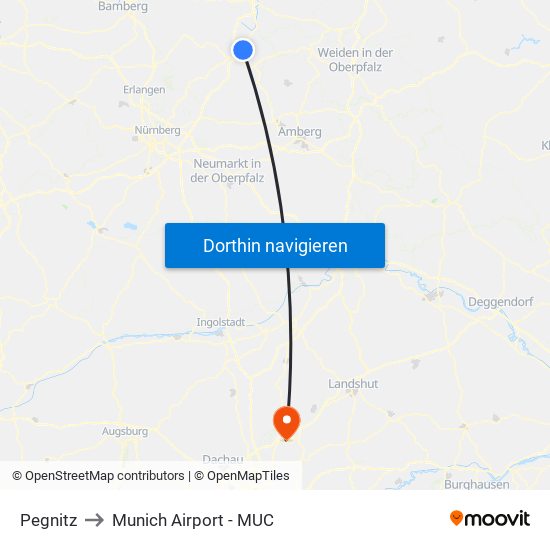 Pegnitz to Munich Airport - MUC map