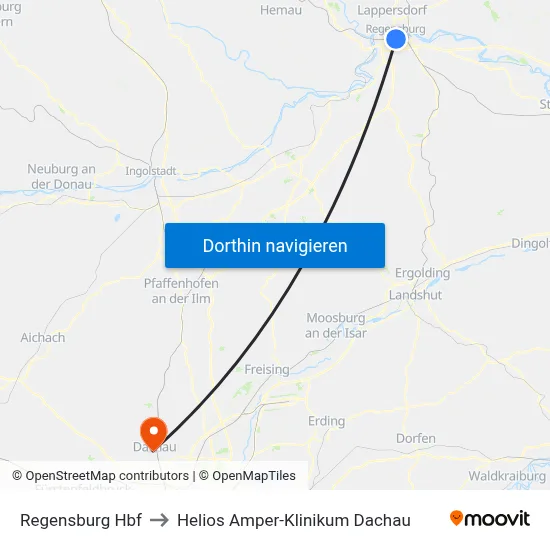 Regensburg Hbf to Helios Amper-Klinikum Dachau map