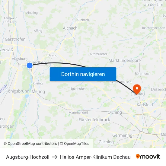 Augsburg-Hochzoll to Helios Amper-Klinikum Dachau map