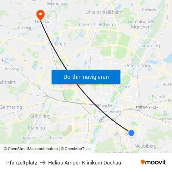 Pfanzeltplatz to Helios Amper-Klinikum Dachau map