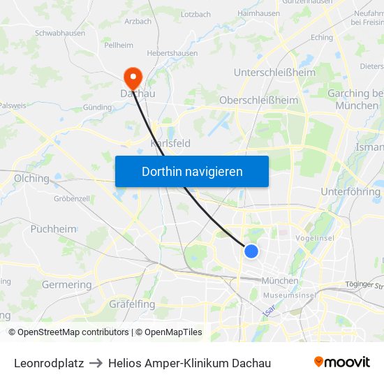 Leonrodplatz to Helios Amper-Klinikum Dachau map