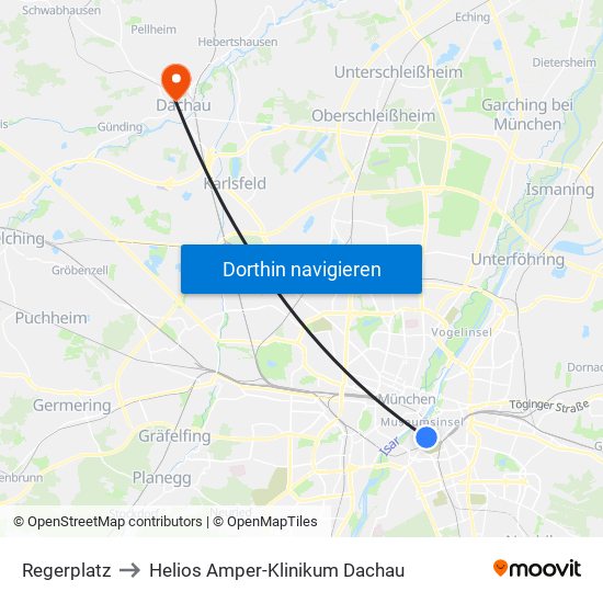 Regerplatz to Helios Amper-Klinikum Dachau map