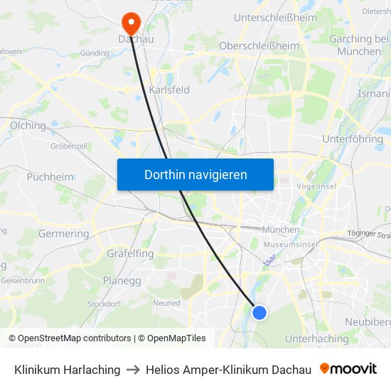 Klinikum Harlaching to Helios Amper-Klinikum Dachau map