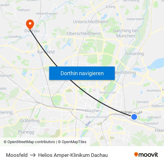 Moosfeld to Helios Amper-Klinikum Dachau map