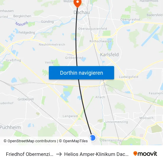 Friedhof Obermenzing to Helios Amper-Klinikum Dachau map