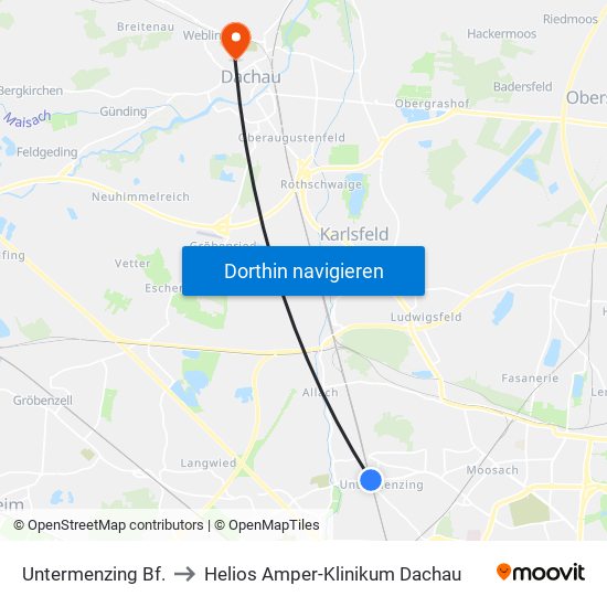 Untermenzing Bf. to Helios Amper-Klinikum Dachau map