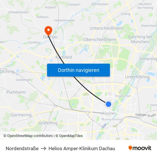 Nordendstraße to Helios Amper-Klinikum Dachau map