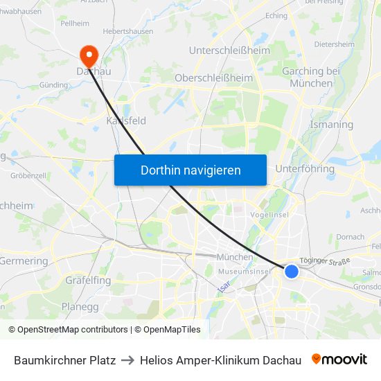 Baumkirchner Platz to Helios Amper-Klinikum Dachau map