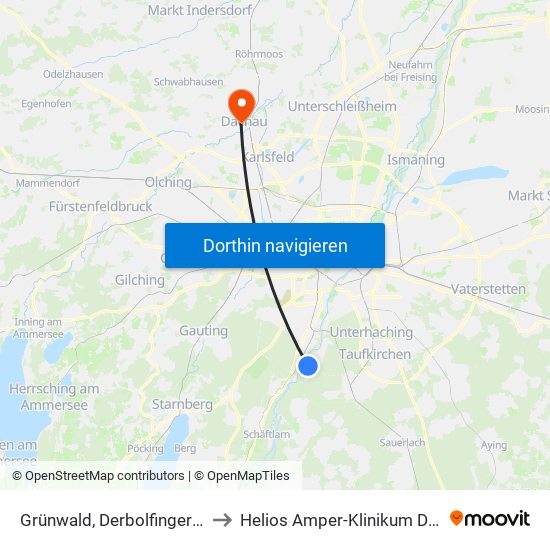 Grünwald, Derbolfinger Platz to Helios Amper-Klinikum Dachau map