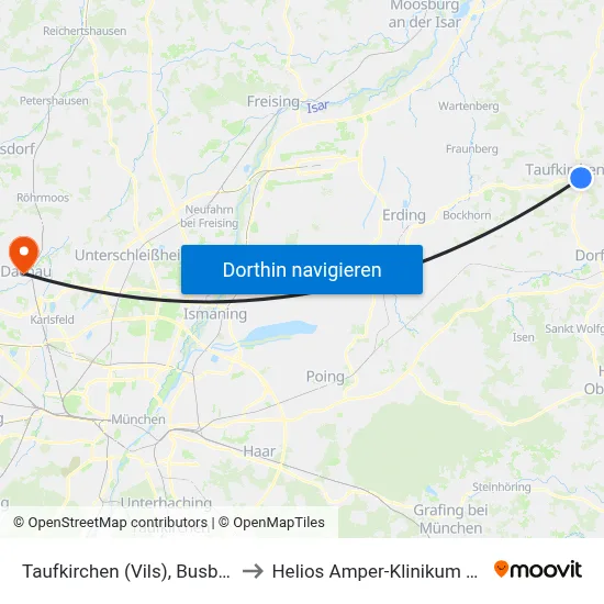 Taufkirchen (Vils), Busbahnhof to Helios Amper-Klinikum Dachau map