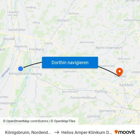 Königsbrunn, Nordendstraße to Helios Amper-Klinikum Dachau map
