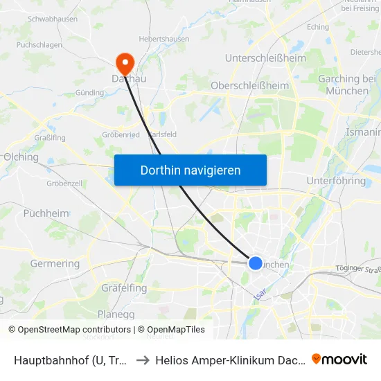 Hauptbahnhof (U, Tram) to Helios Amper-Klinikum Dachau map