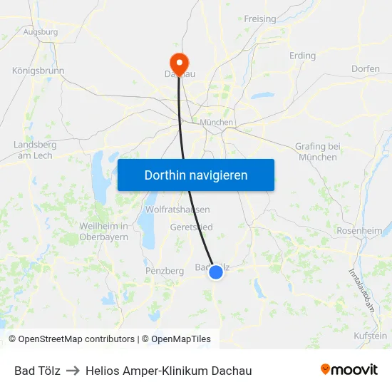 Bad Tölz to Helios Amper-Klinikum Dachau map