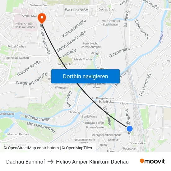 Dachau Bahnhof to Helios Amper-Klinikum Dachau map