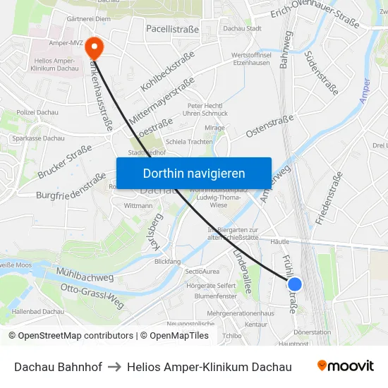 Dachau Bahnhof to Helios Amper-Klinikum Dachau map