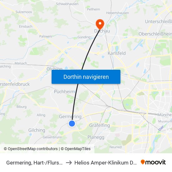 Germering, Hart-/Flurstraße to Helios Amper-Klinikum Dachau map