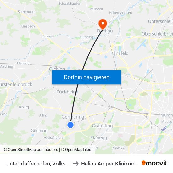 Unterpfaffenhofen, Volksfestplatz to Helios Amper-Klinikum Dachau map